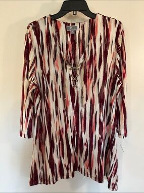 JM Collection Burgundy, Cream and Pink Printed Lace-Up V-Neck Tunic